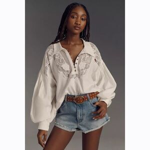 Maeve Anthropologie Puff-Sleeve Collared Yoke Blouse Top Embroidered S 280241
